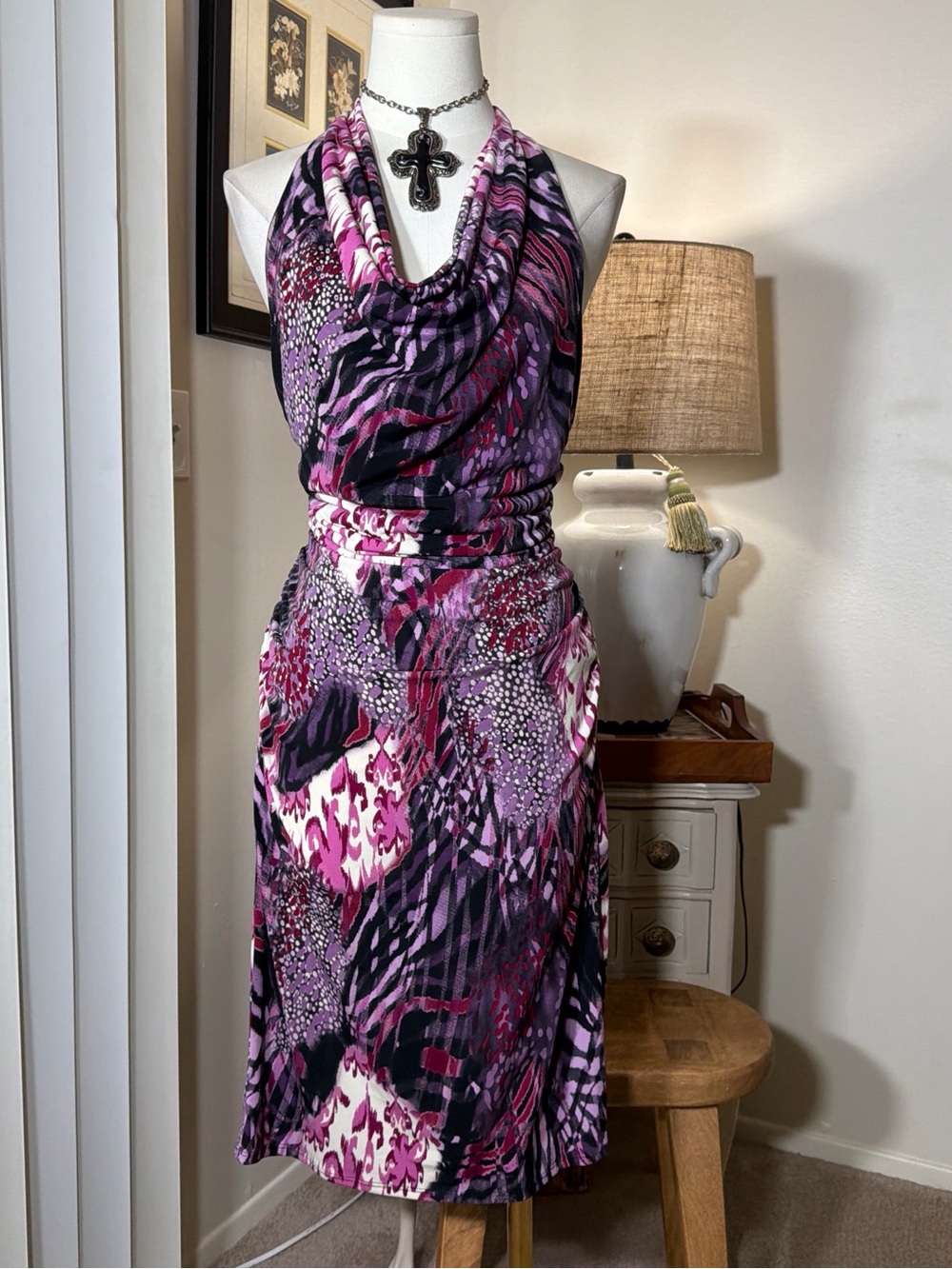 MSK Pink & Purple Printed Halter Midi Dress